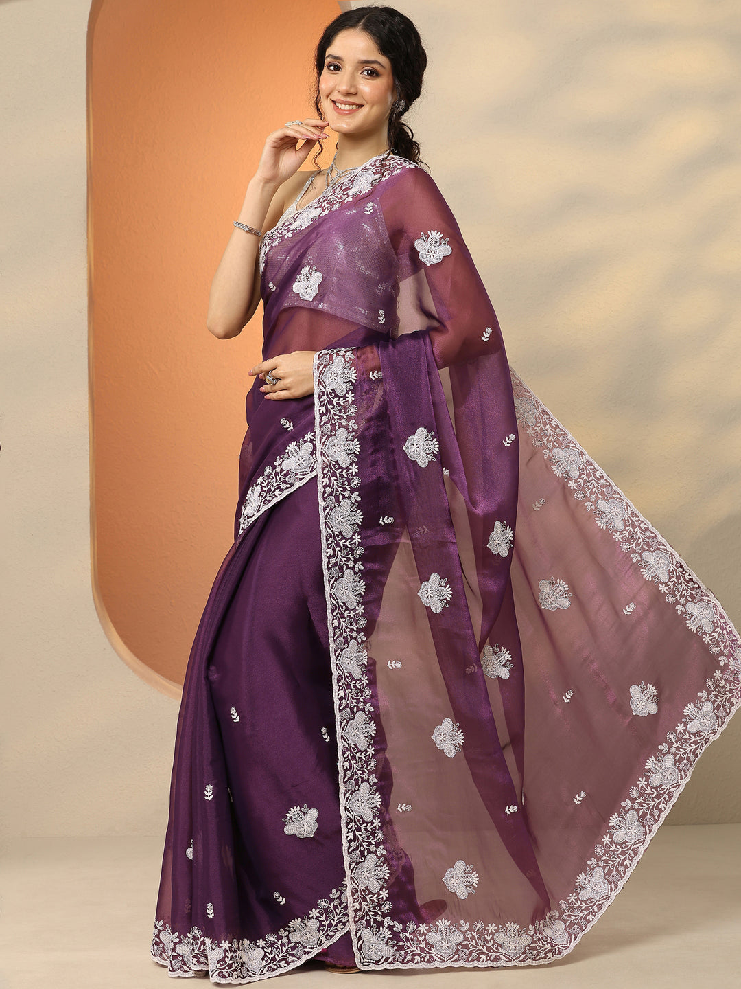  Burgundy Embroidered Organza Saree With Unstitched Blouse Piece 