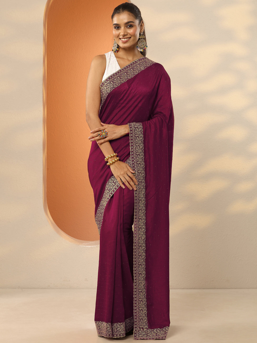  Maroon Embellished Silk Blend Saree With Unstitched Blouse Piece 