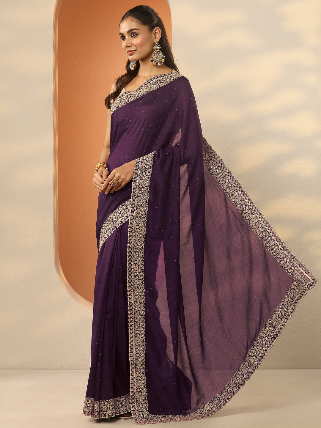  Burgundy Embellished Silk Blend Saree With Unstitched Blouse Piece 