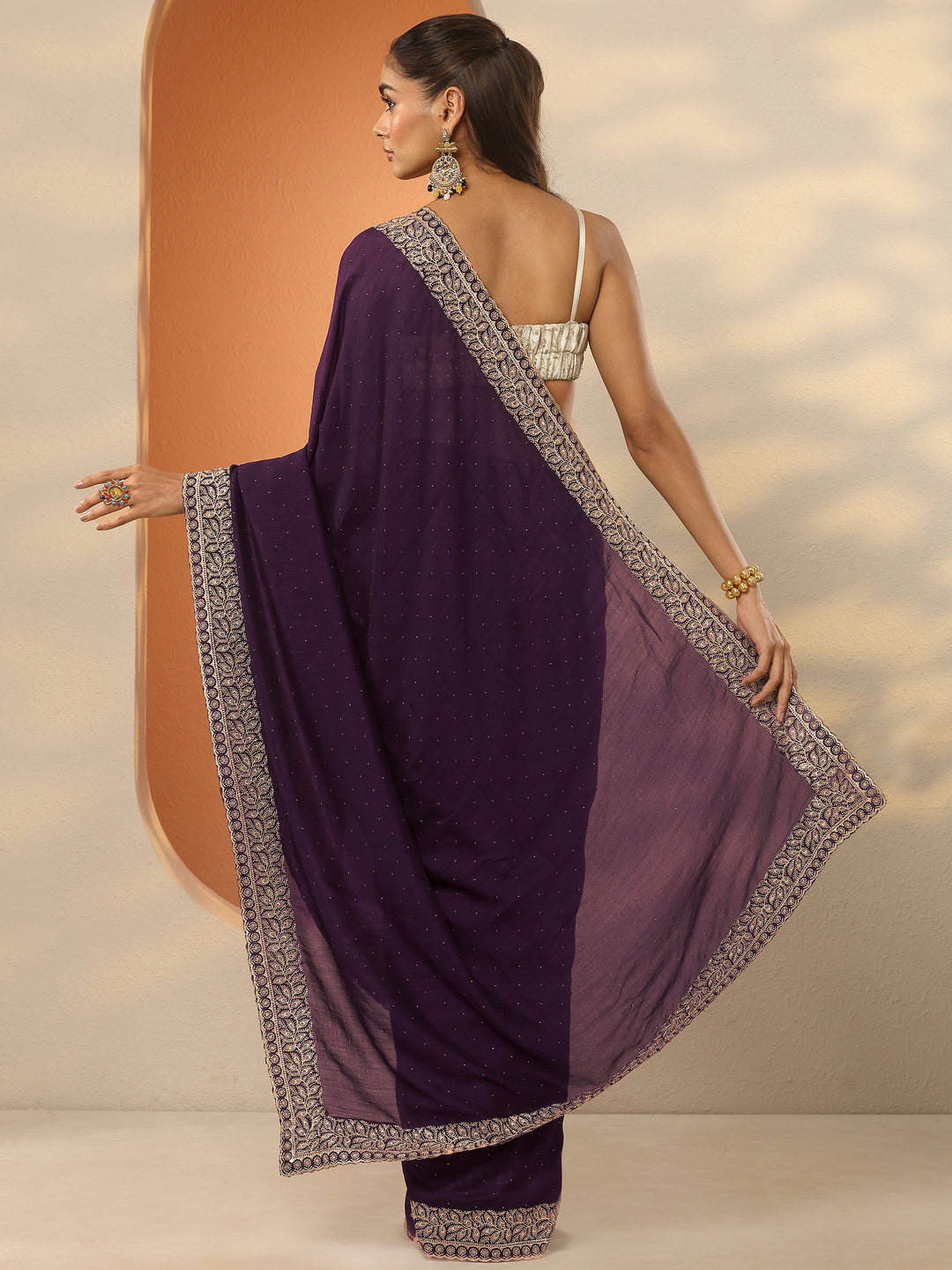  Burgundy Embellished Silk Blend Saree With Unstitched Blouse Piece 