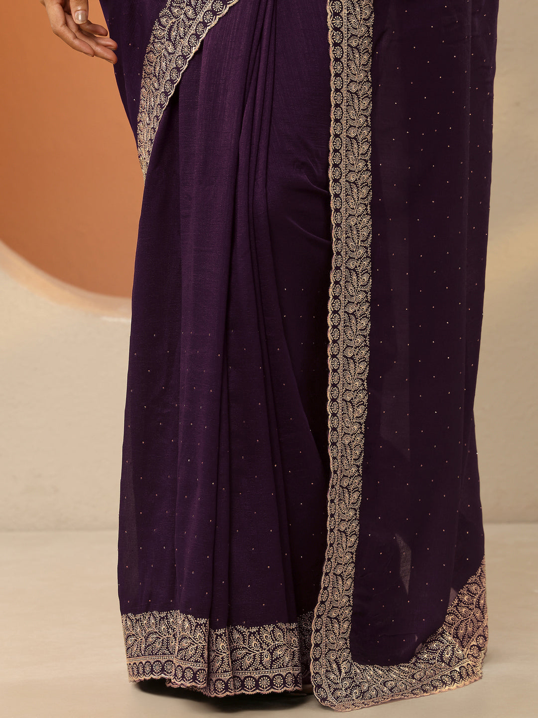  Burgundy Embellished Silk Blend Saree With Unstitched Blouse Piece 