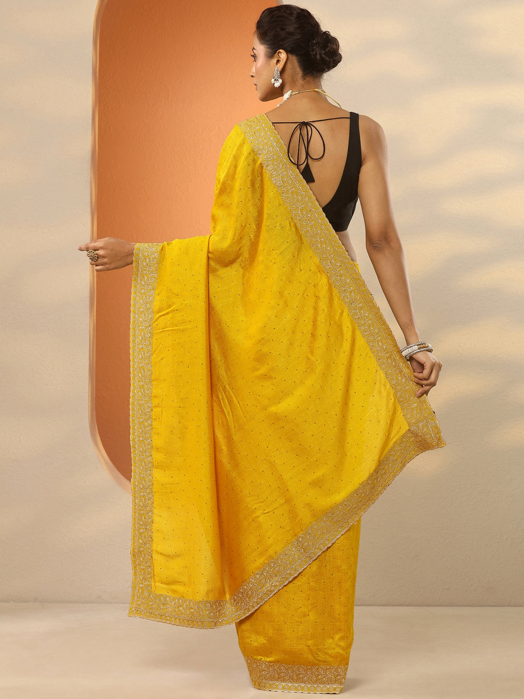  Mustard Embellished Silk Blend Saree With Unstitched Blouse Piece 