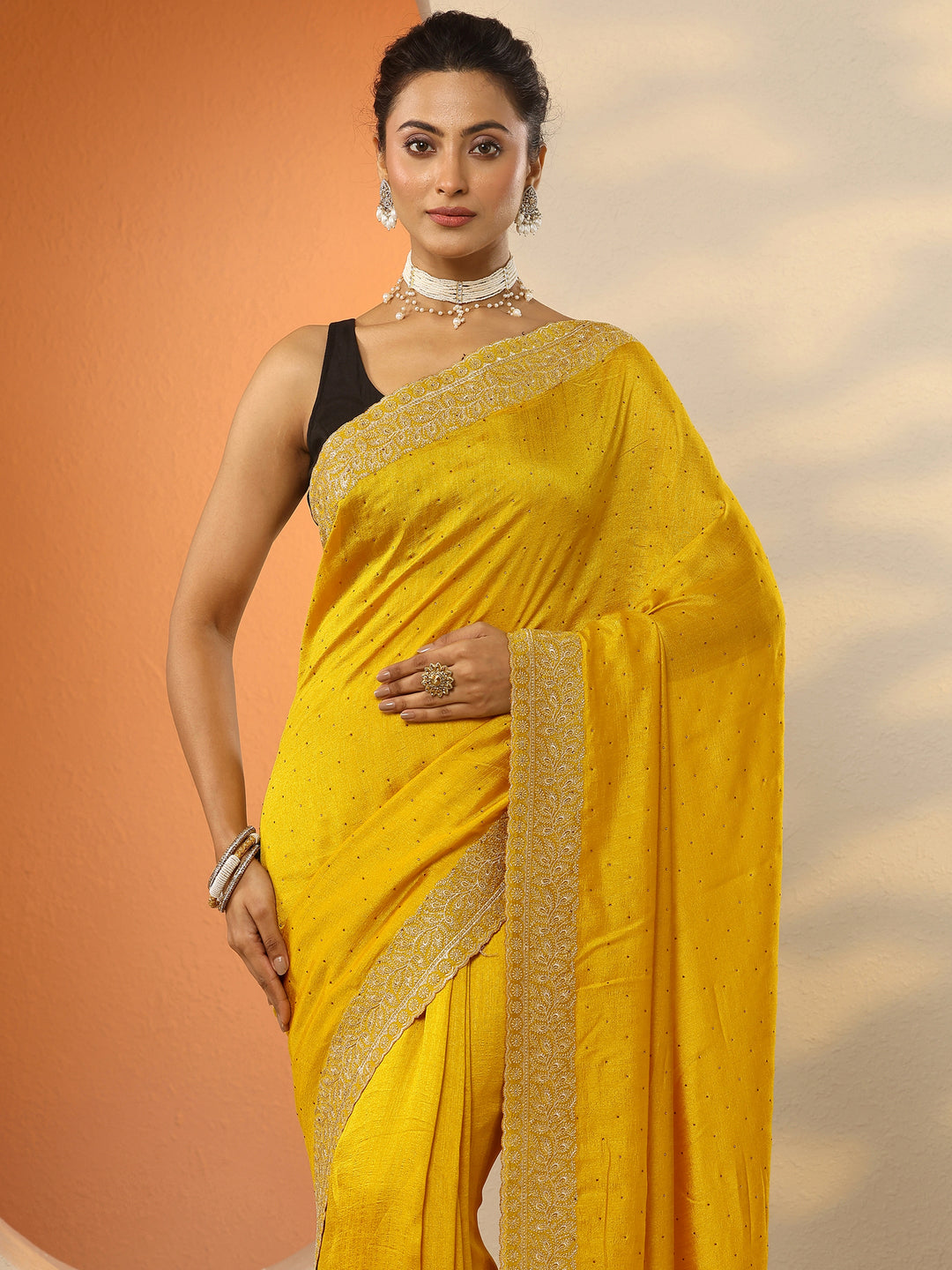  Mustard Embellished Silk Blend Saree With Unstitched Blouse Piece 