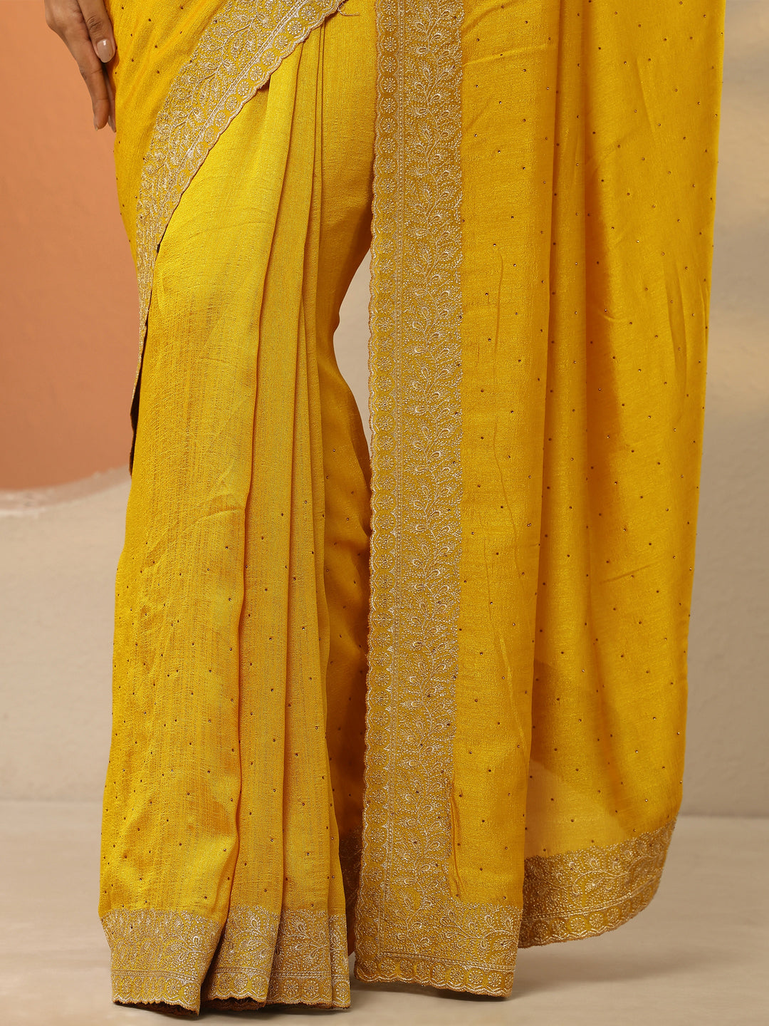  Mustard Embellished Silk Blend Saree With Unstitched Blouse Piece 