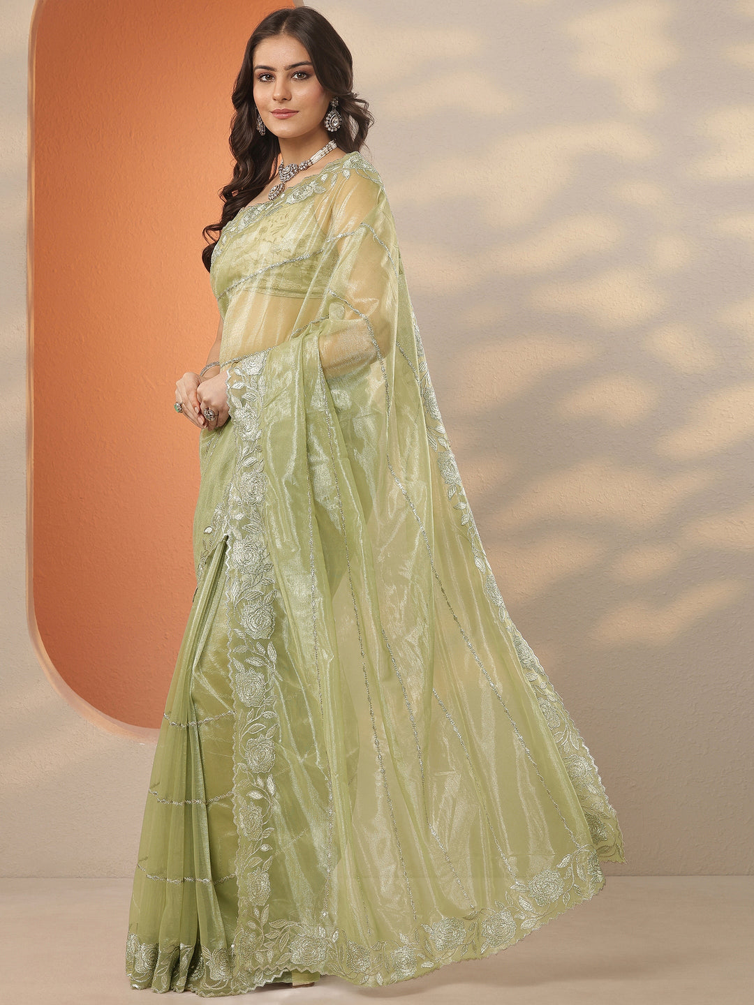 Green Embroidered Nylon Saree With Unstitched Blouse Piece 