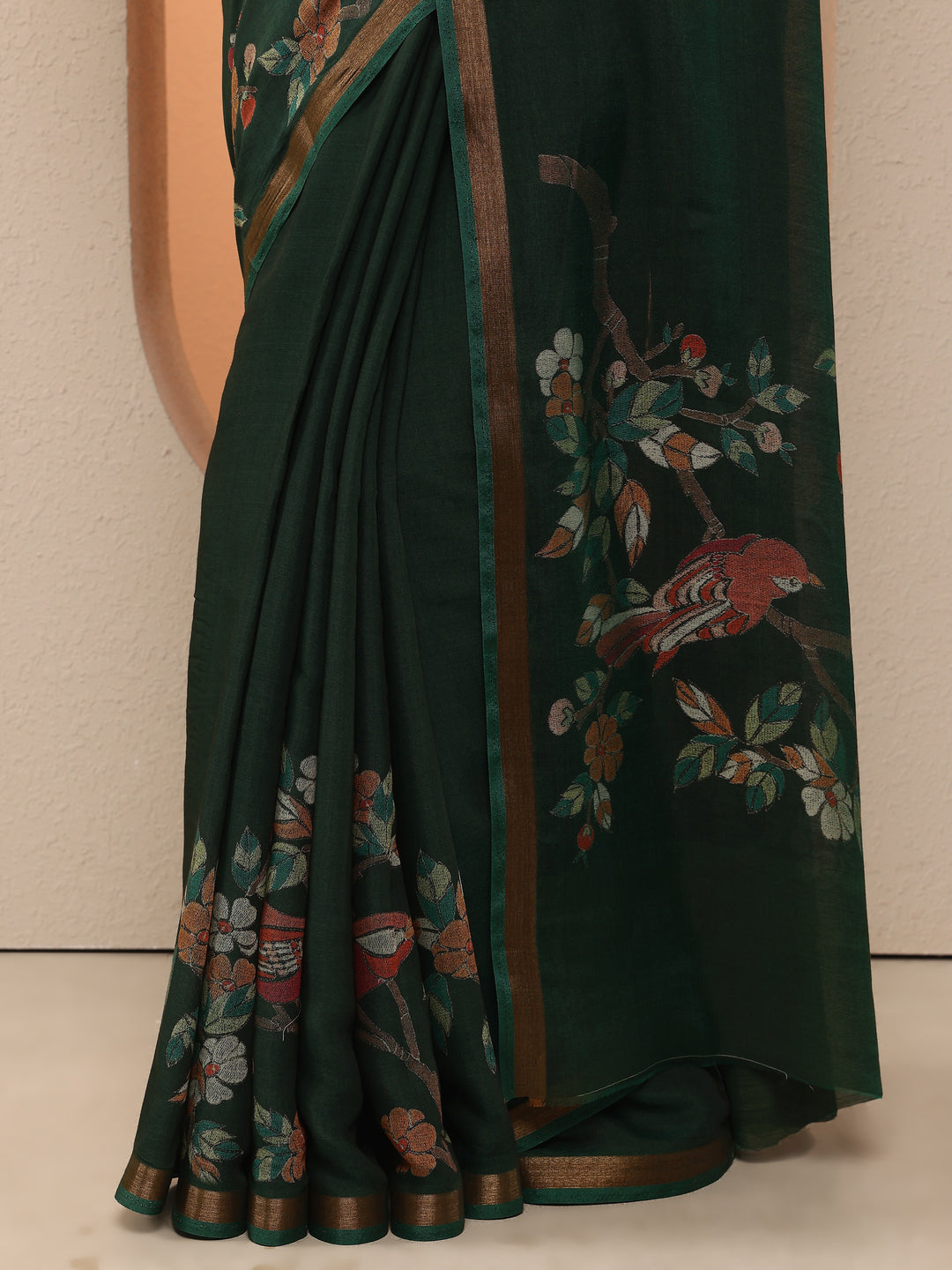 Green Printed Silk Blend Saree With Unstitched Blouse Piece 
