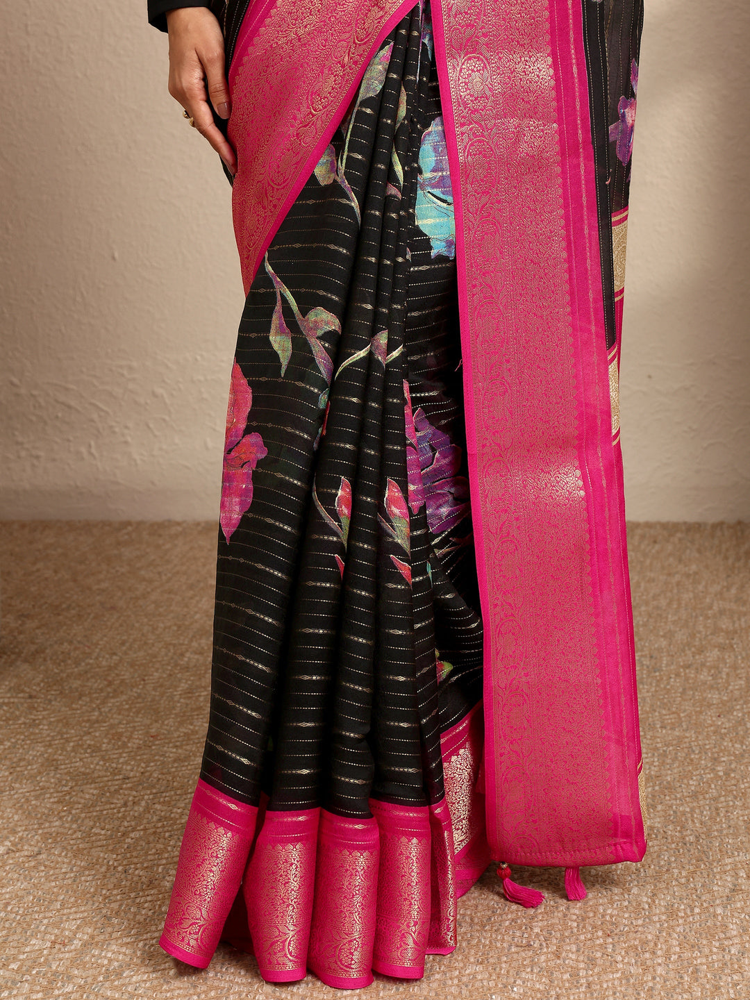  Black Woven Design Silk Blend Saree With Unstitched Blouse Piece 