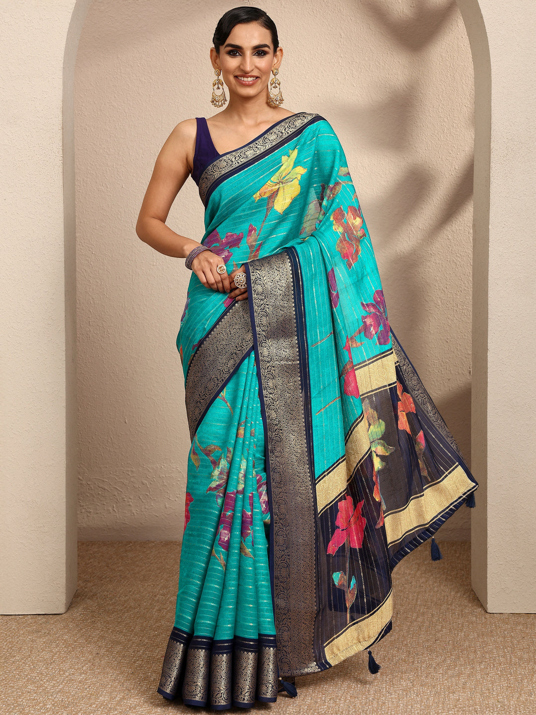  Blue Woven Design Silk Blend Saree With Unstitched Blouse Piece 