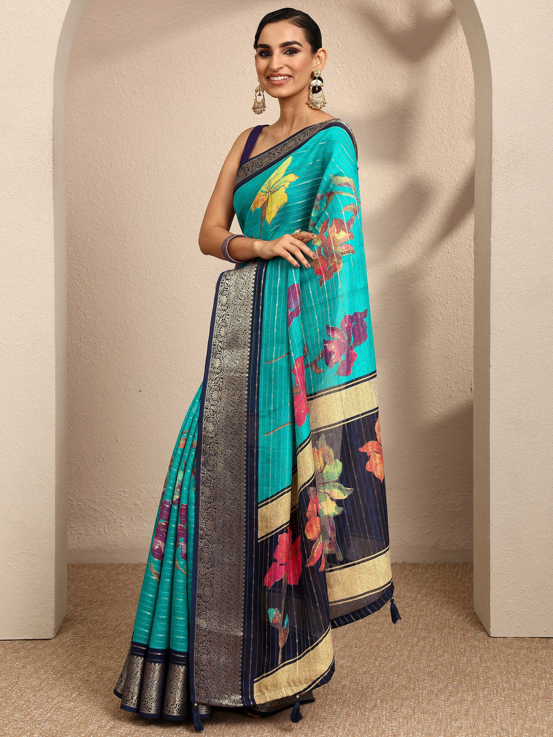  Blue Woven Design Silk Blend Saree With Unstitched Blouse Piece 