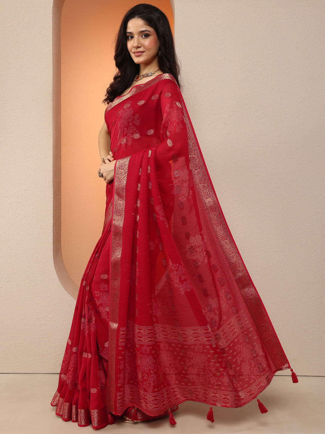  Red Woven Design Silk Blend Saree With Unstitched Blouse Piece 