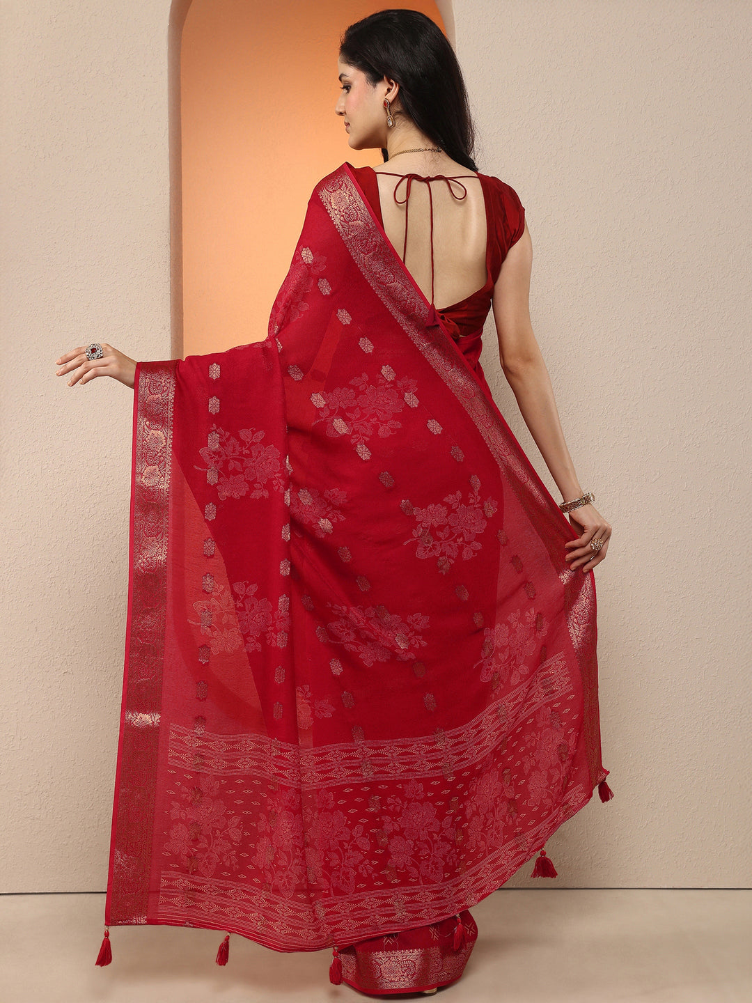  Red Woven Design Silk Blend Saree With Unstitched Blouse Piece 