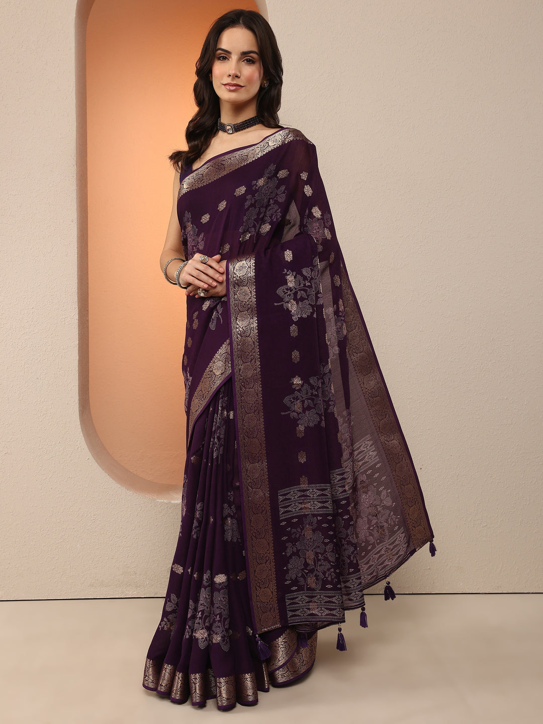  Purple Woven Design Silk Blend Saree With Unstitched Blouse Piece 