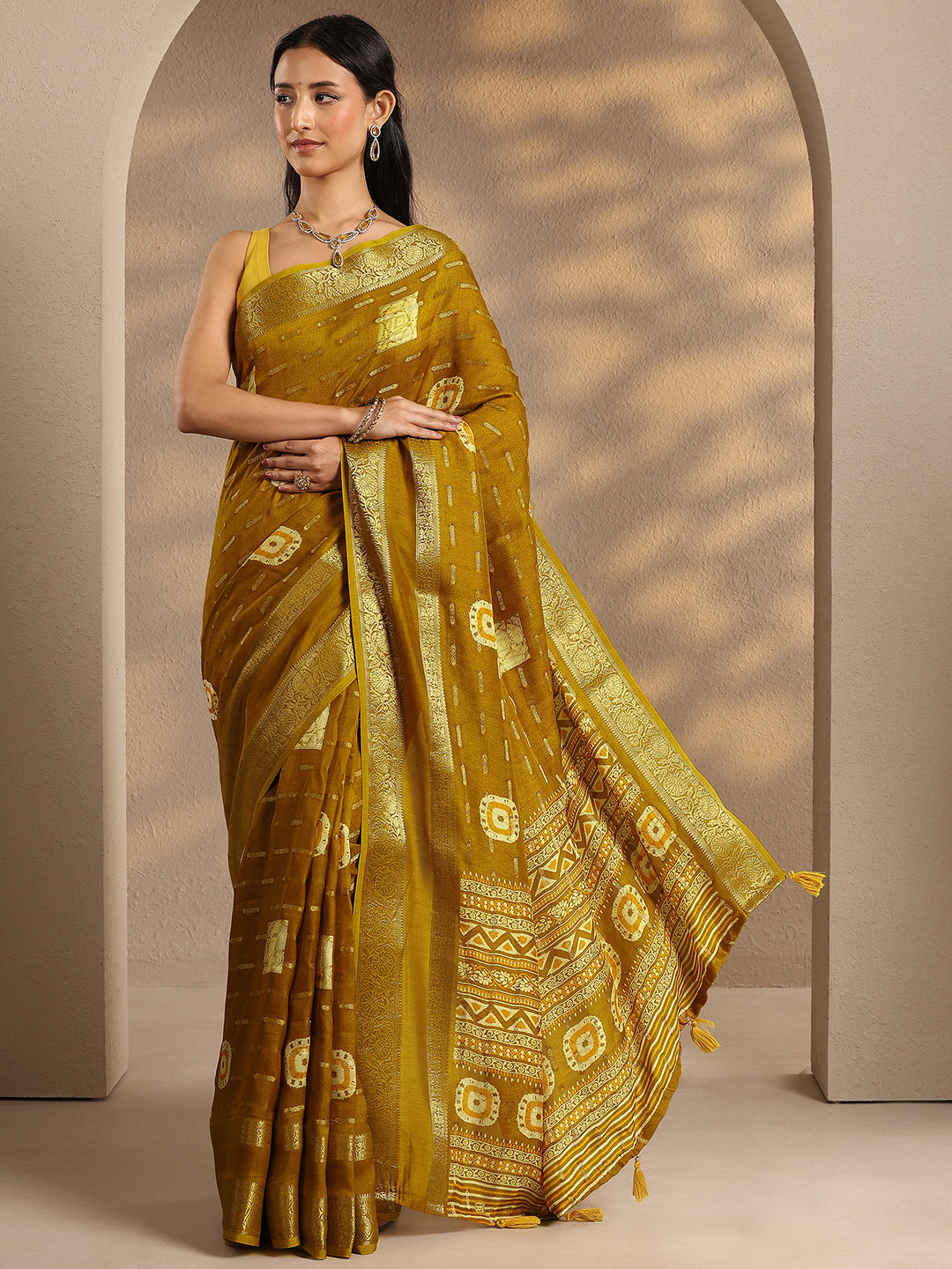  Mustard Woven Design Silk Blend Saree With Unstitched Blouse Piece 