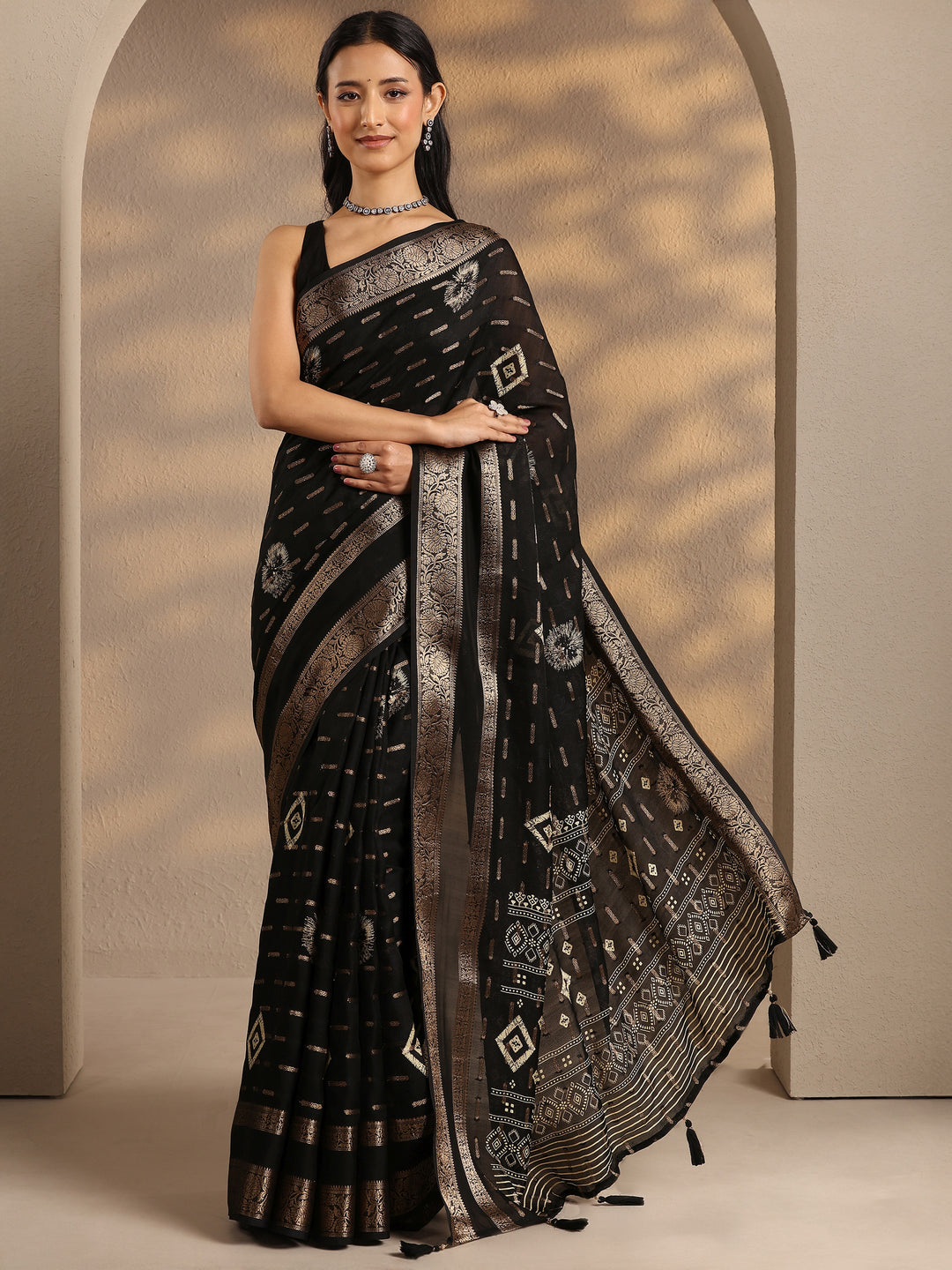  Black Woven Design Silk Blend Saree With Unstitched Blouse Piece 
