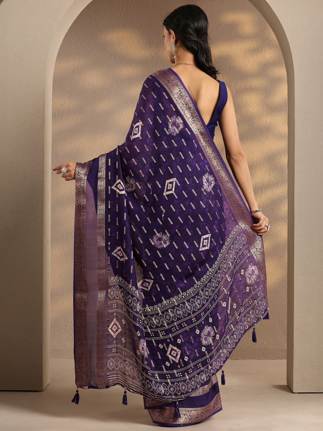  Purple Woven Design Silk Blend Saree With Unstitched Blouse Piece 
