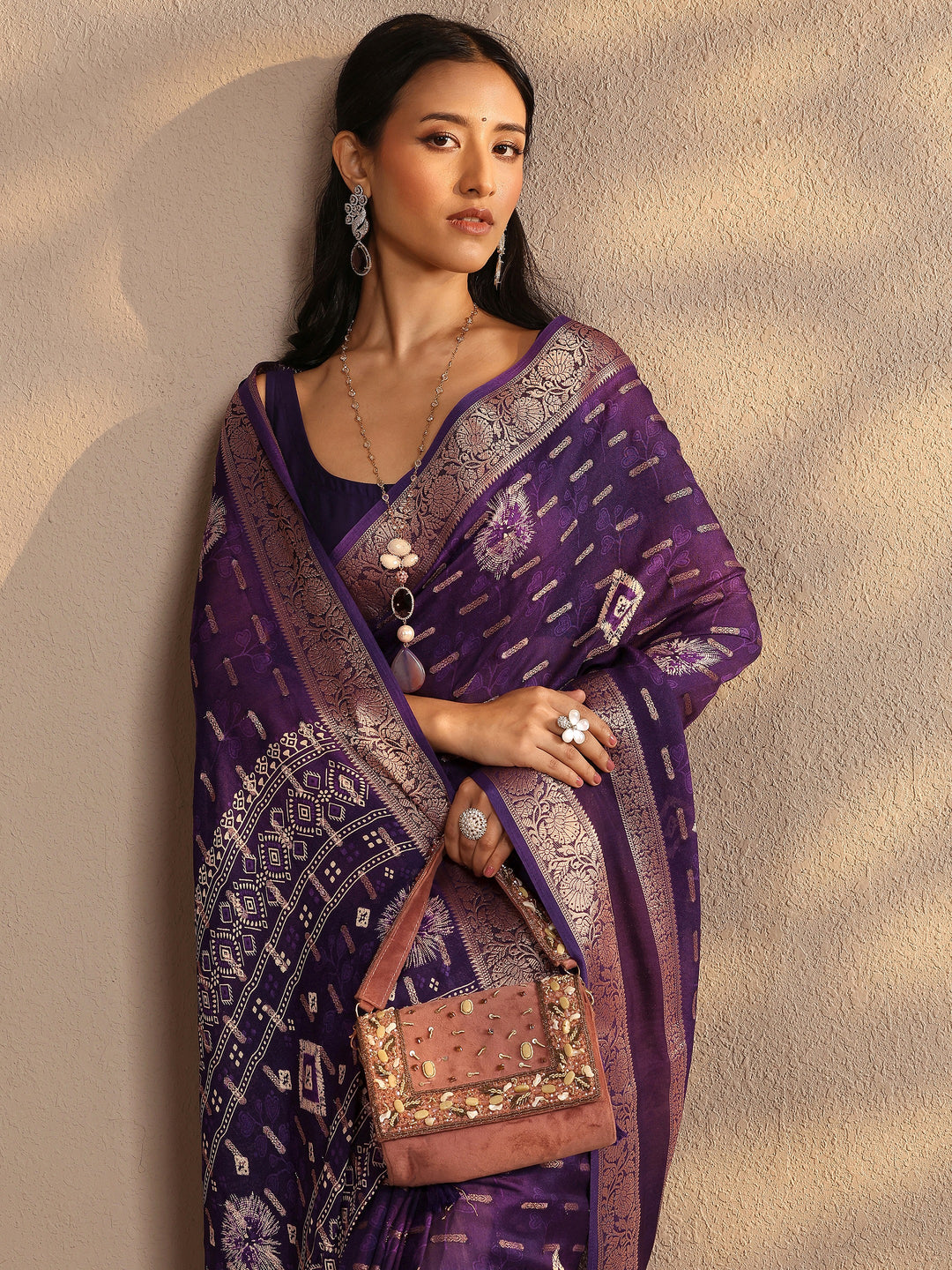 Purple Woven Design Silk Blend Saree With Unstitched Blouse Piece 