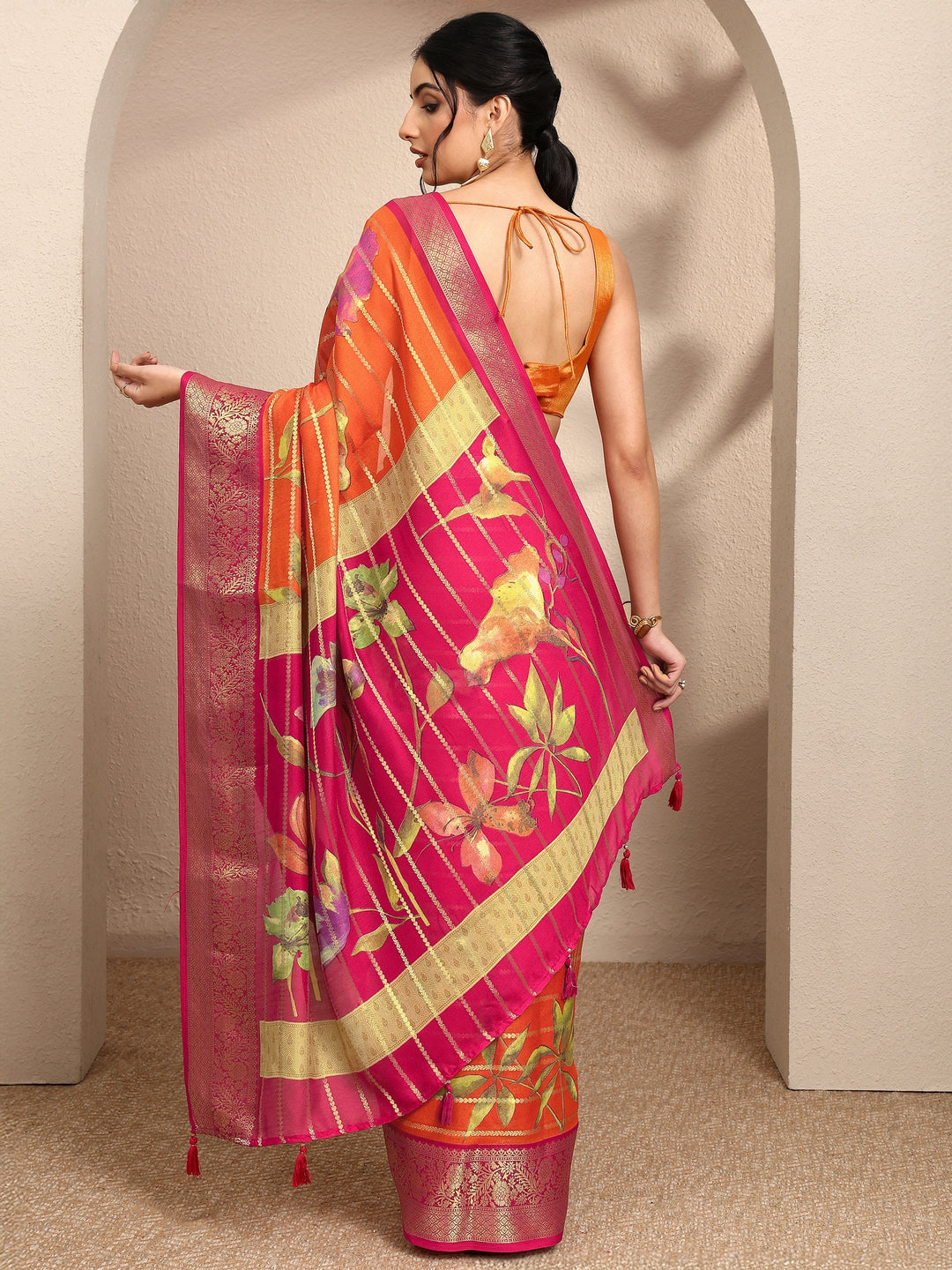  Orange Woven Design Silk Blend Saree With Unstitched Blouse Piece 