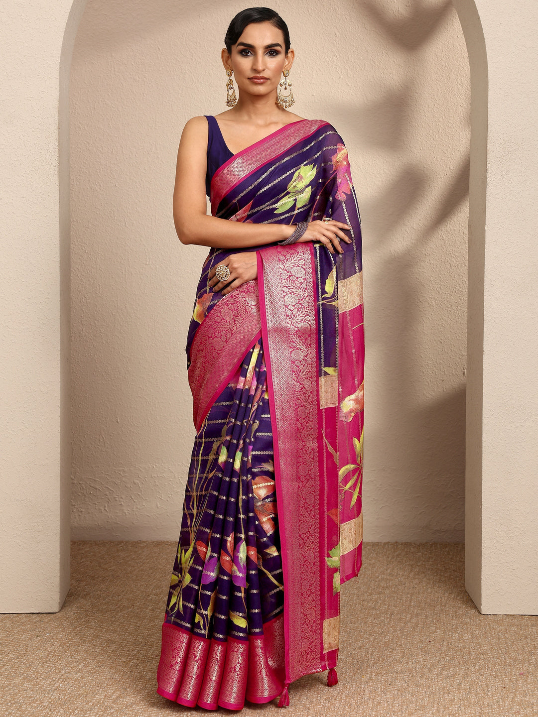 Purple Woven Design Silk Blend Saree With Unstitched Blouse Piece