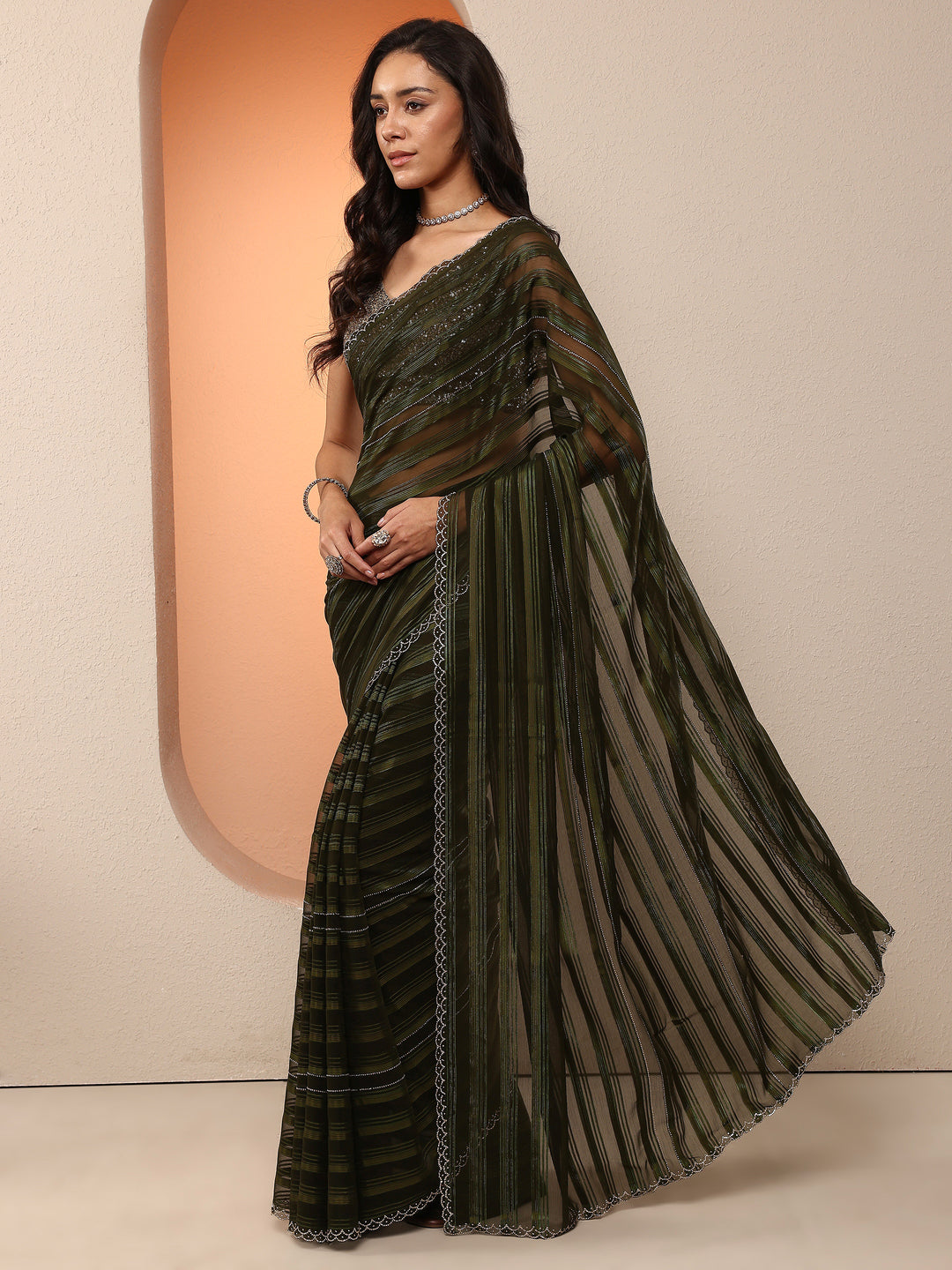  Green Woven Design Chinon Saree With Unstitched Blouse Piece 