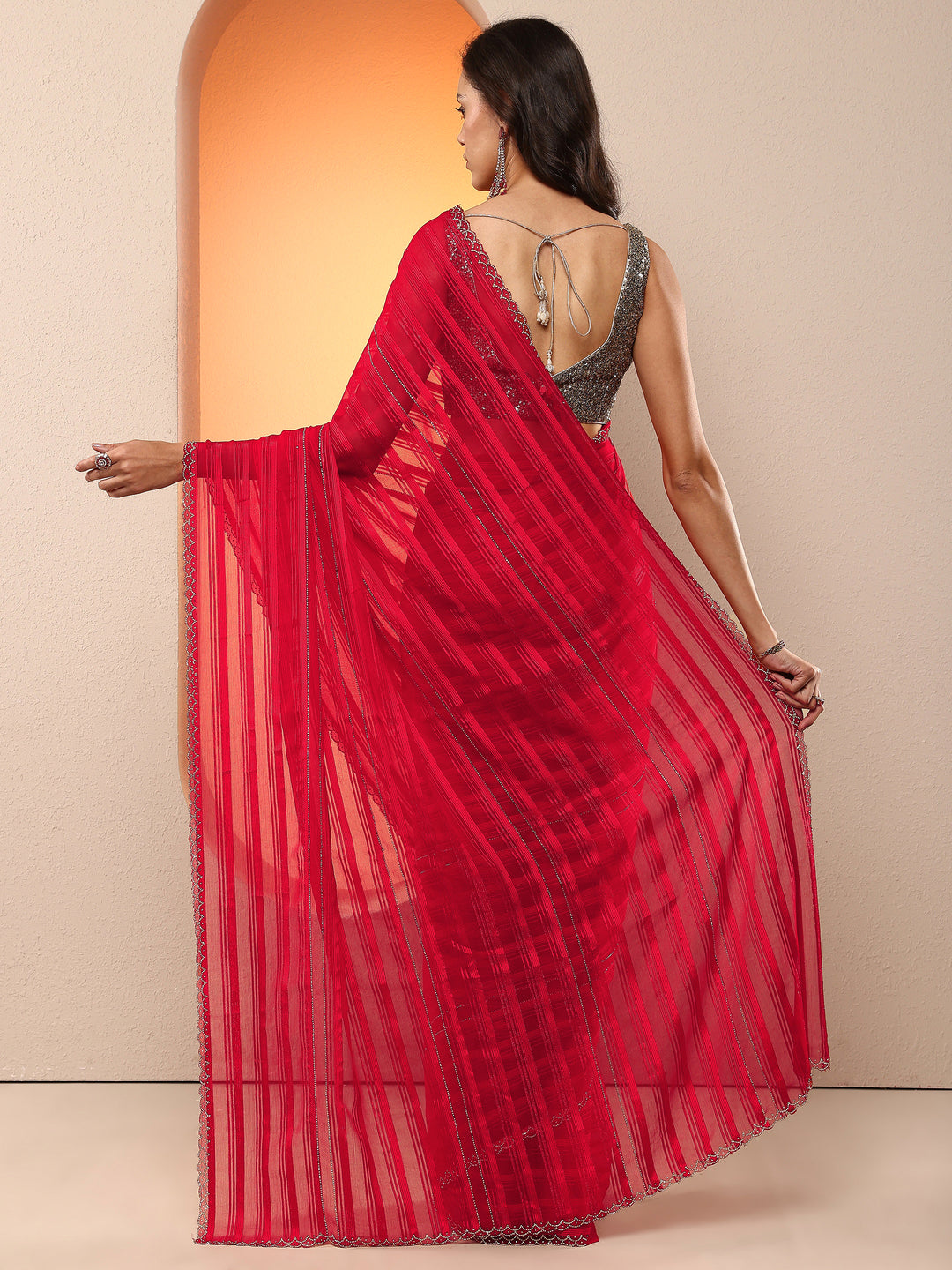  Red Woven Design Chinon Saree With Unstitched Blouse Piece 