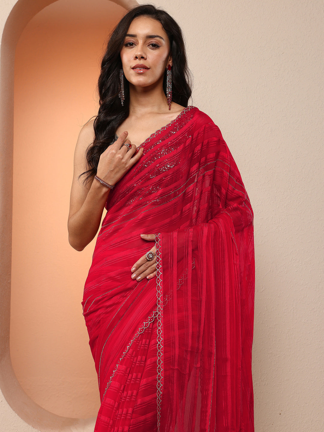  Red Woven Design Chinon Saree With Unstitched Blouse Piece 
