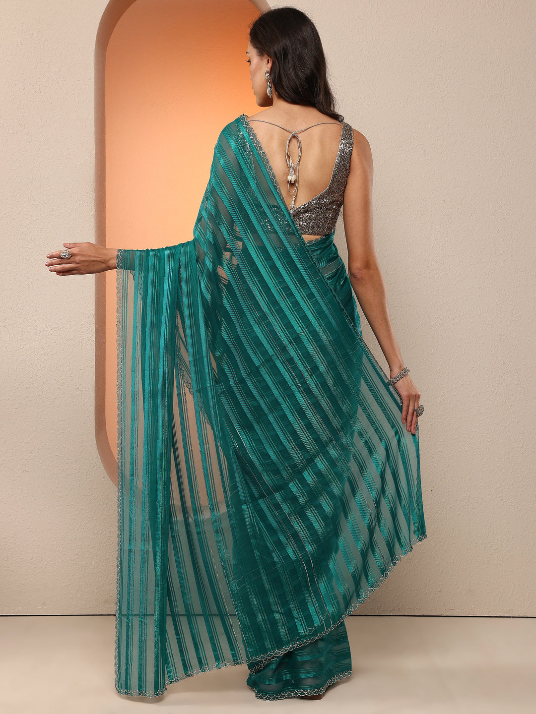  Green Woven Design Chinon Saree With Unstitched Blouse Piece 