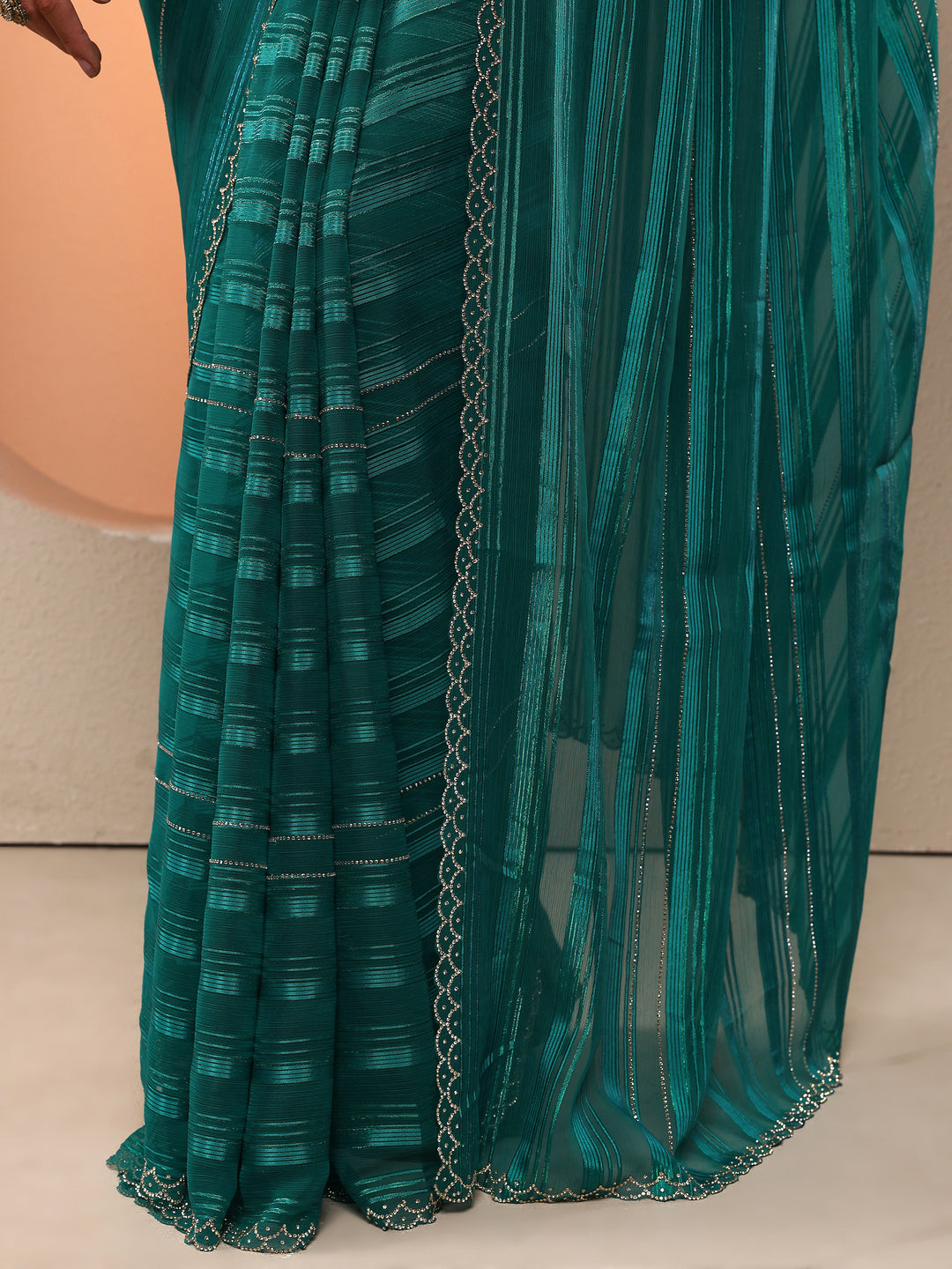  Green Woven Design Chinon Saree With Unstitched Blouse Piece 