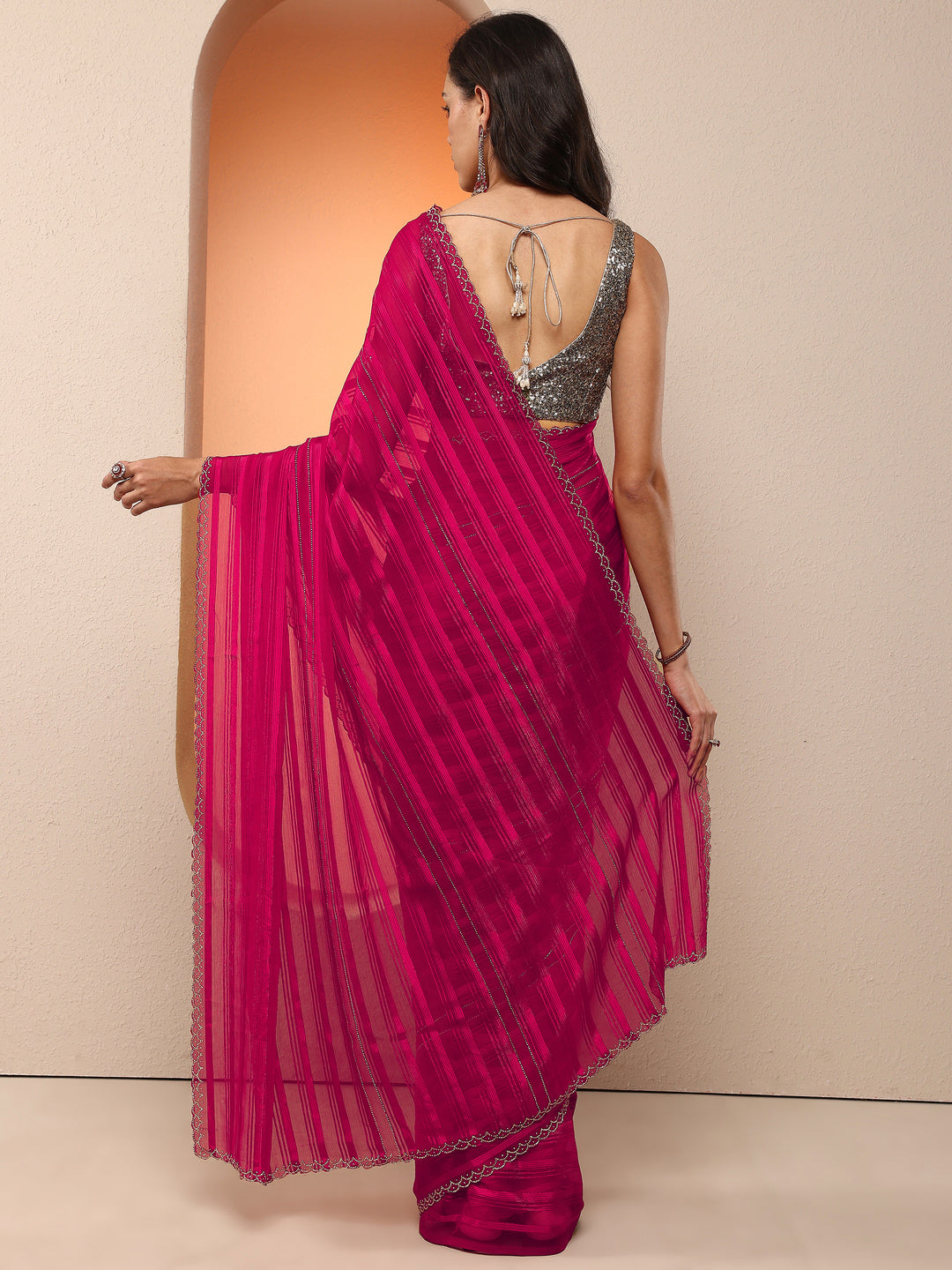  Pink Woven Design Chinon Saree With Unstitched Blouse Piece 