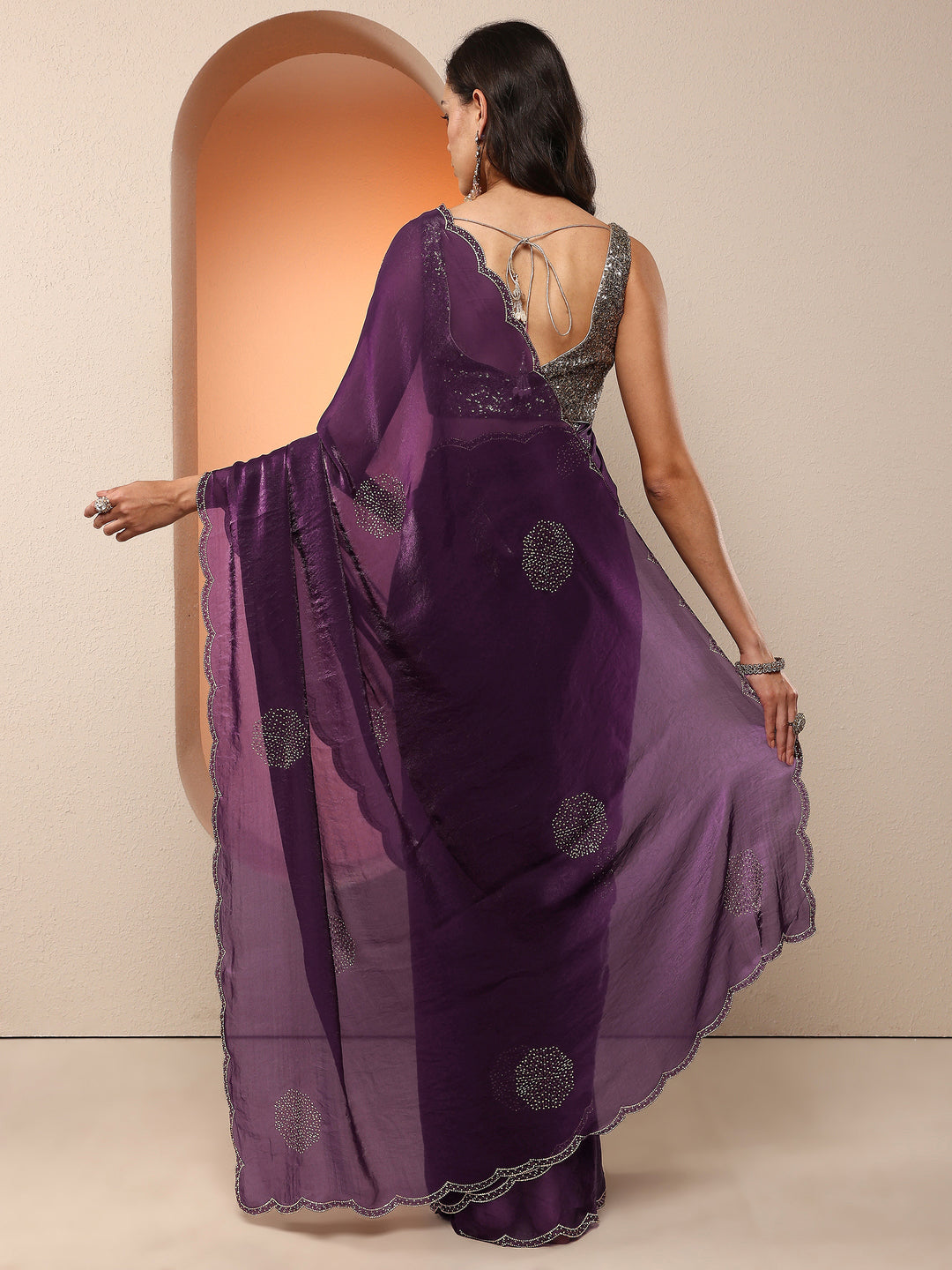  Burgundy Embellished Organza Saree With Unstitched Blouse Piece 