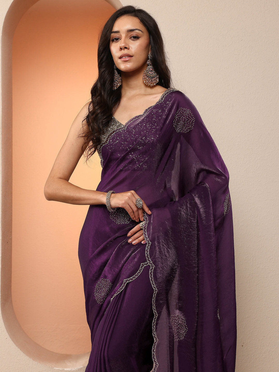  Burgundy Embellished Organza Saree With Unstitched Blouse Piece 