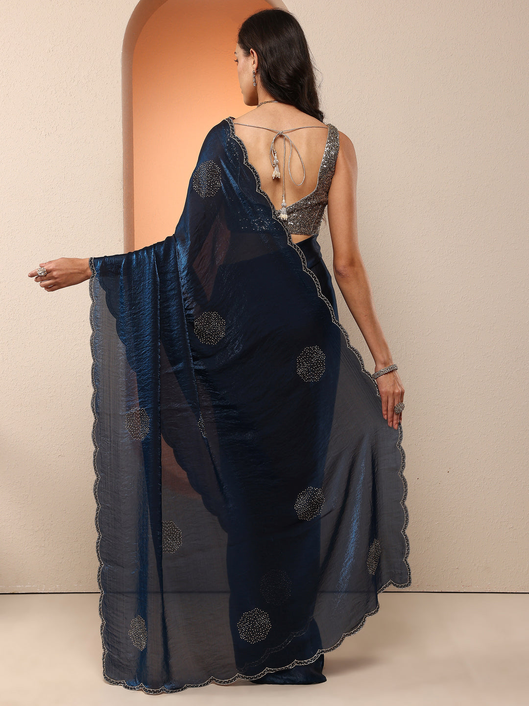 Blue Embellished Organza Saree With Unstitched Blouse Piece 