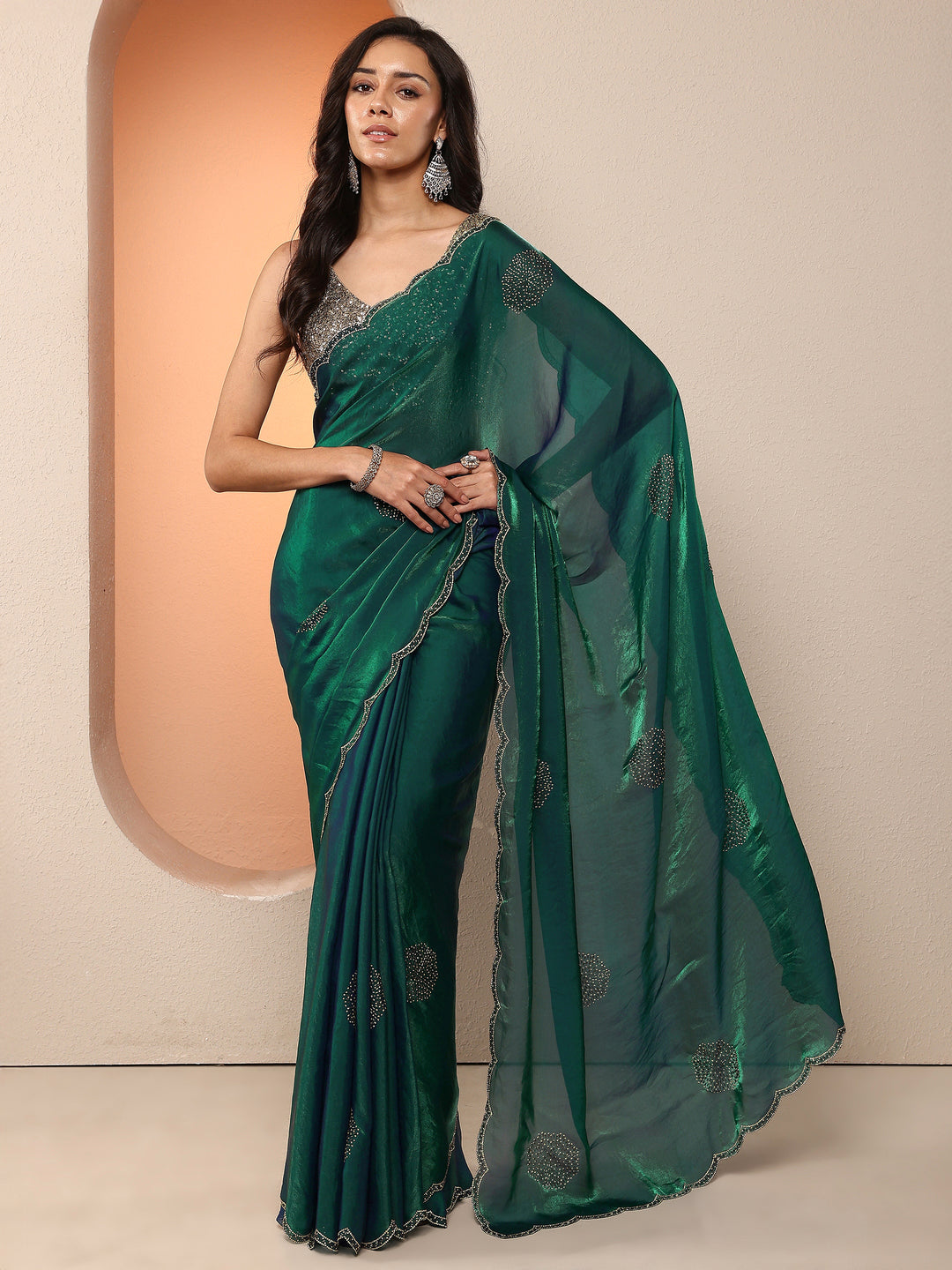  Green Embellished Organza Saree With Unstitched Blouse Piece 