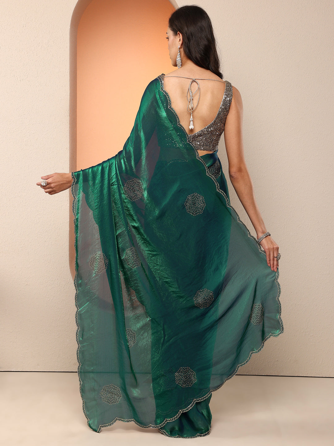  Green Embellished Organza Saree With Unstitched Blouse Piece 