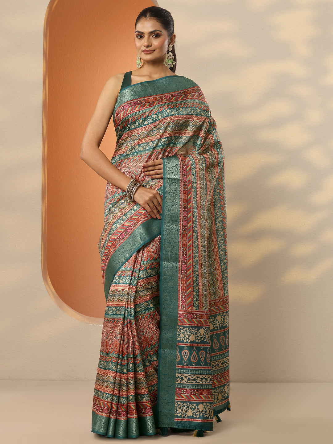  Multi Printed Silk Blend Saree With Unstitched Blouse Piece 