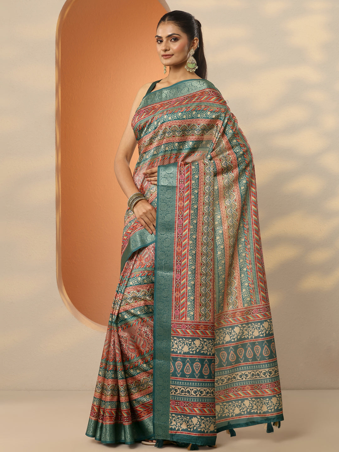  Multi Printed Silk Blend Saree With Unstitched Blouse Piece 