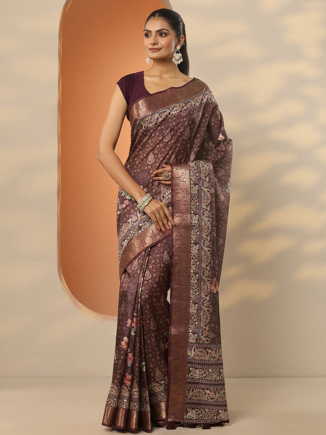  Brown Printed Silk Blend Saree With Unstitched Blouse Piece 