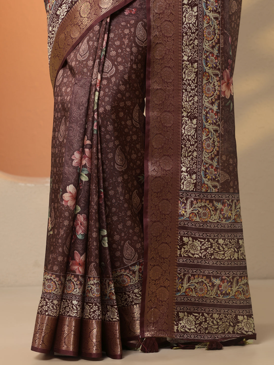  Brown Printed Silk Blend Saree With Unstitched Blouse Piece 