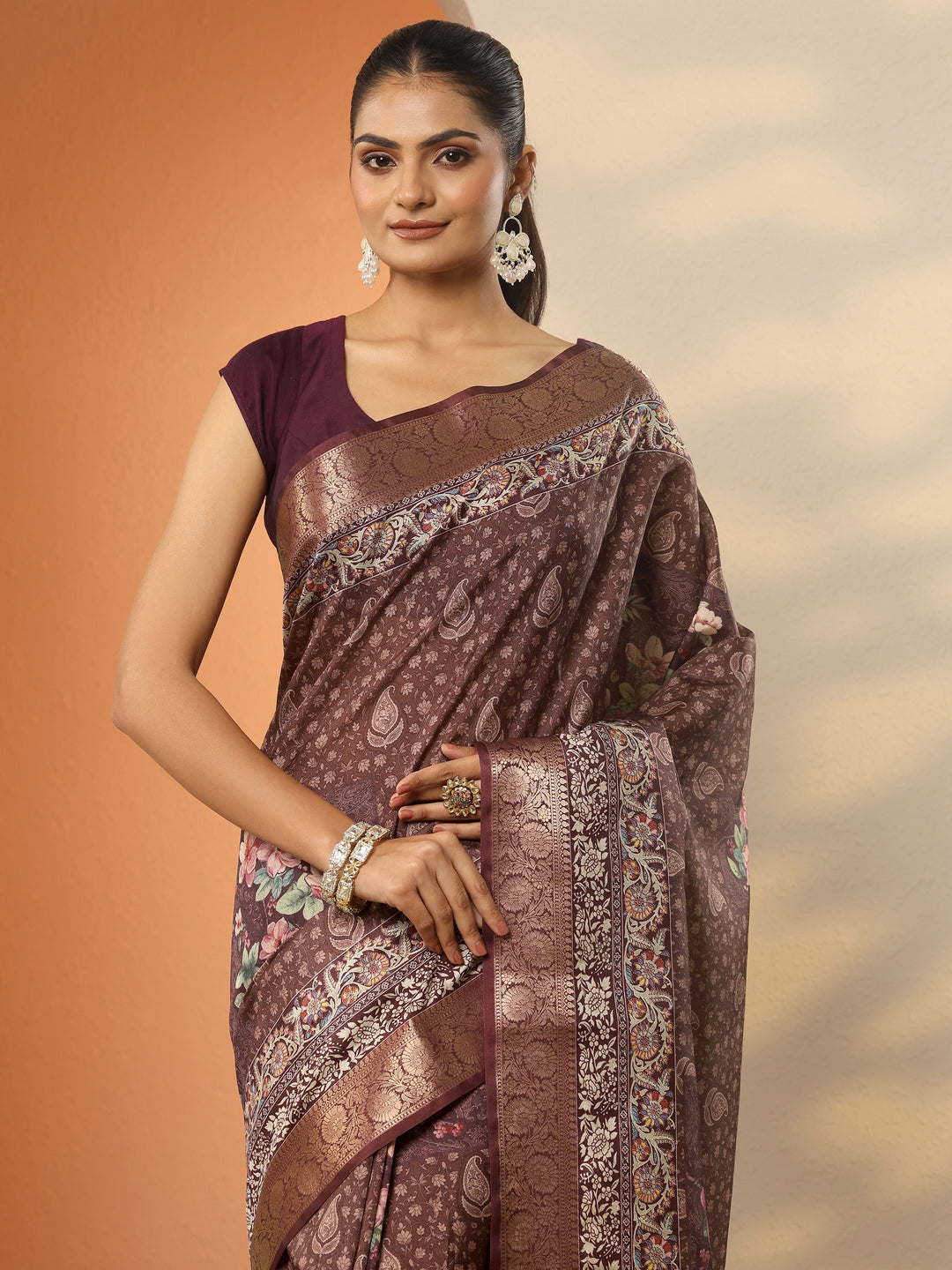  Brown Printed Silk Blend Saree With Unstitched Blouse Piece 