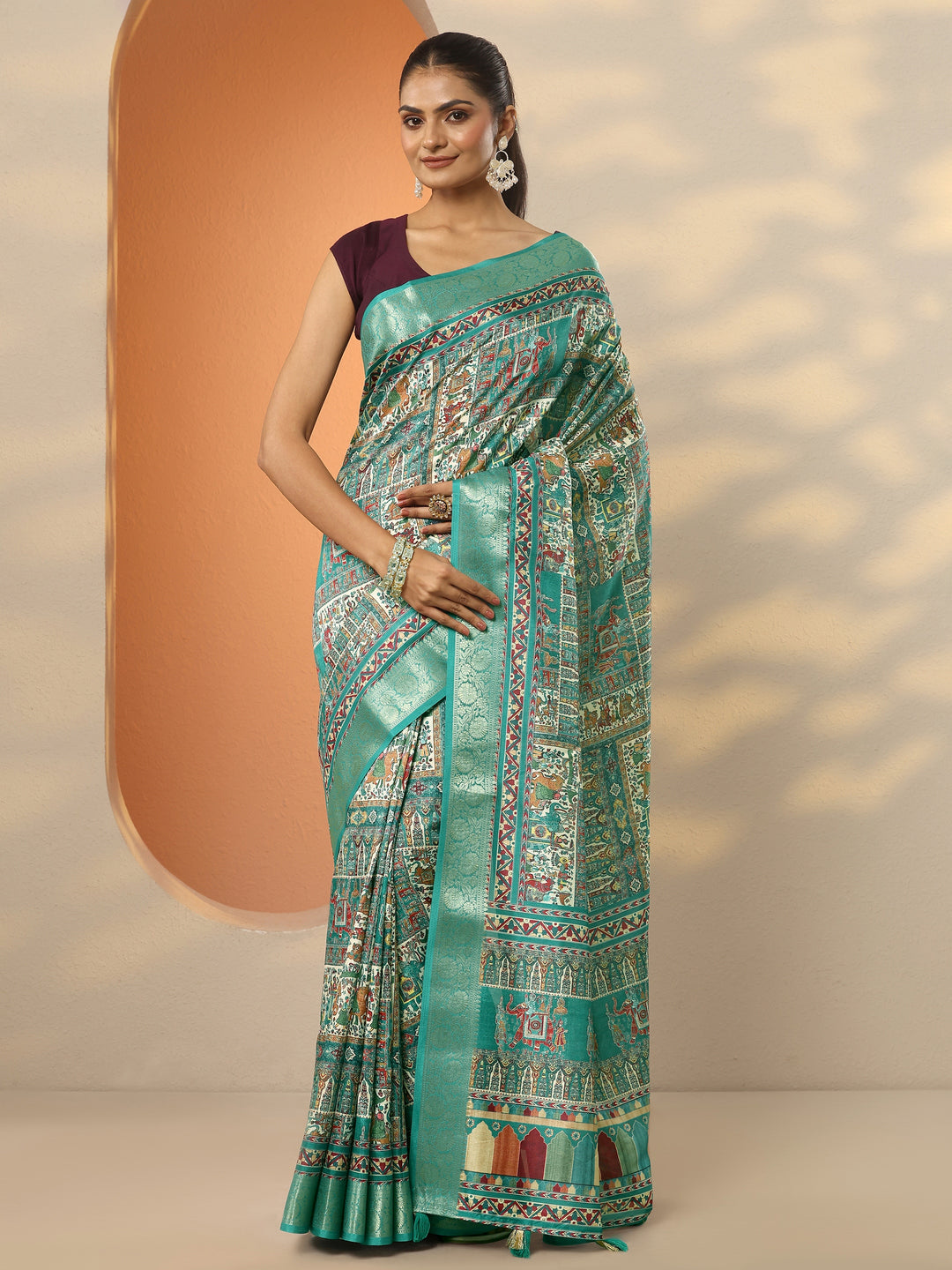  Green Printed Silk Blend Saree With Unstitched Blouse Piece 