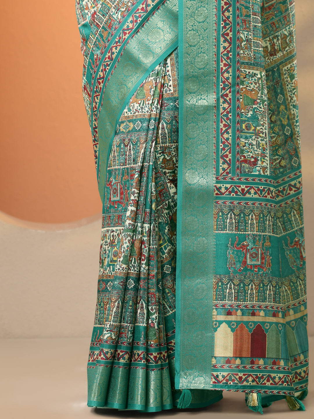  Green Printed Silk Blend Saree With Unstitched Blouse Piece 