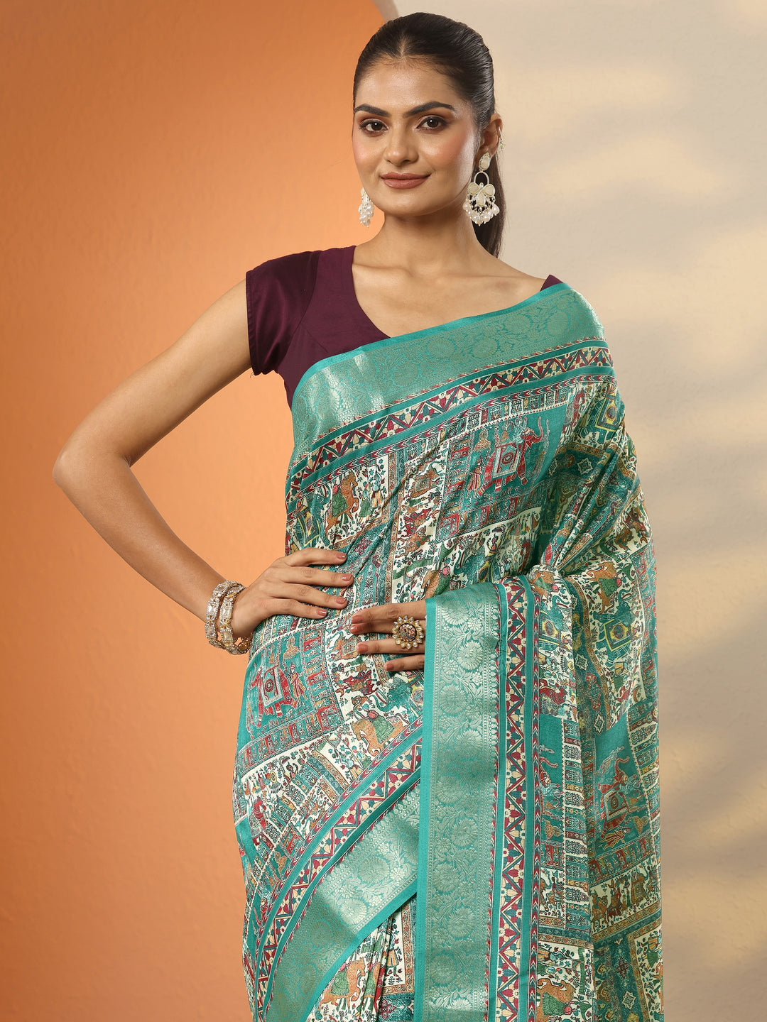  Green Printed Silk Blend Saree With Unstitched Blouse Piece 