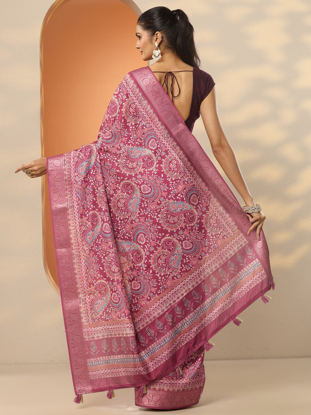  Pink Printed Silk Blend Saree With Unstitched Blouse Piece 
