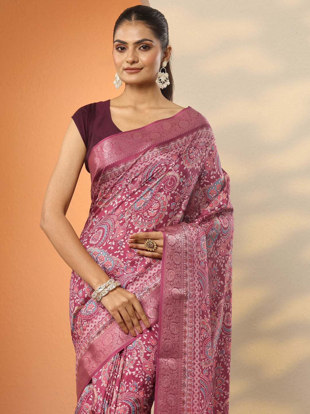  Pink Printed Silk Blend Saree With Unstitched Blouse Piece 