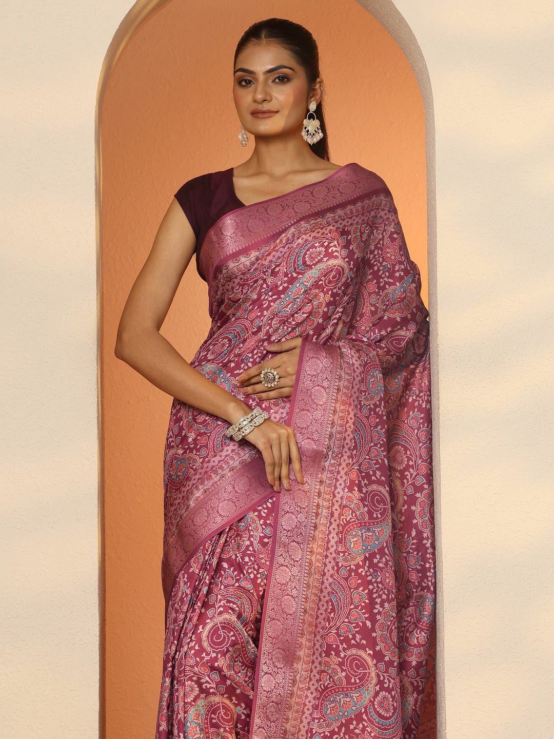  Pink Printed Silk Blend Saree With Unstitched Blouse Piece 