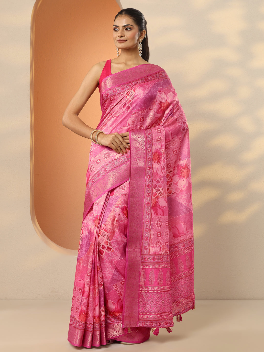  Pink Printed Silk Blend Saree With Unstitched Blouse Piece 