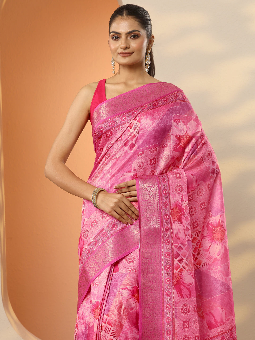  Pink Printed Silk Blend Saree With Unstitched Blouse Piece 