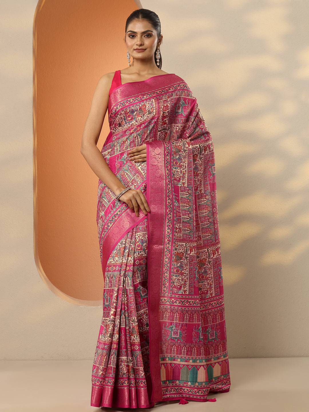  Pink Printed Silk Blend Saree With Unstitched Blouse Piece 