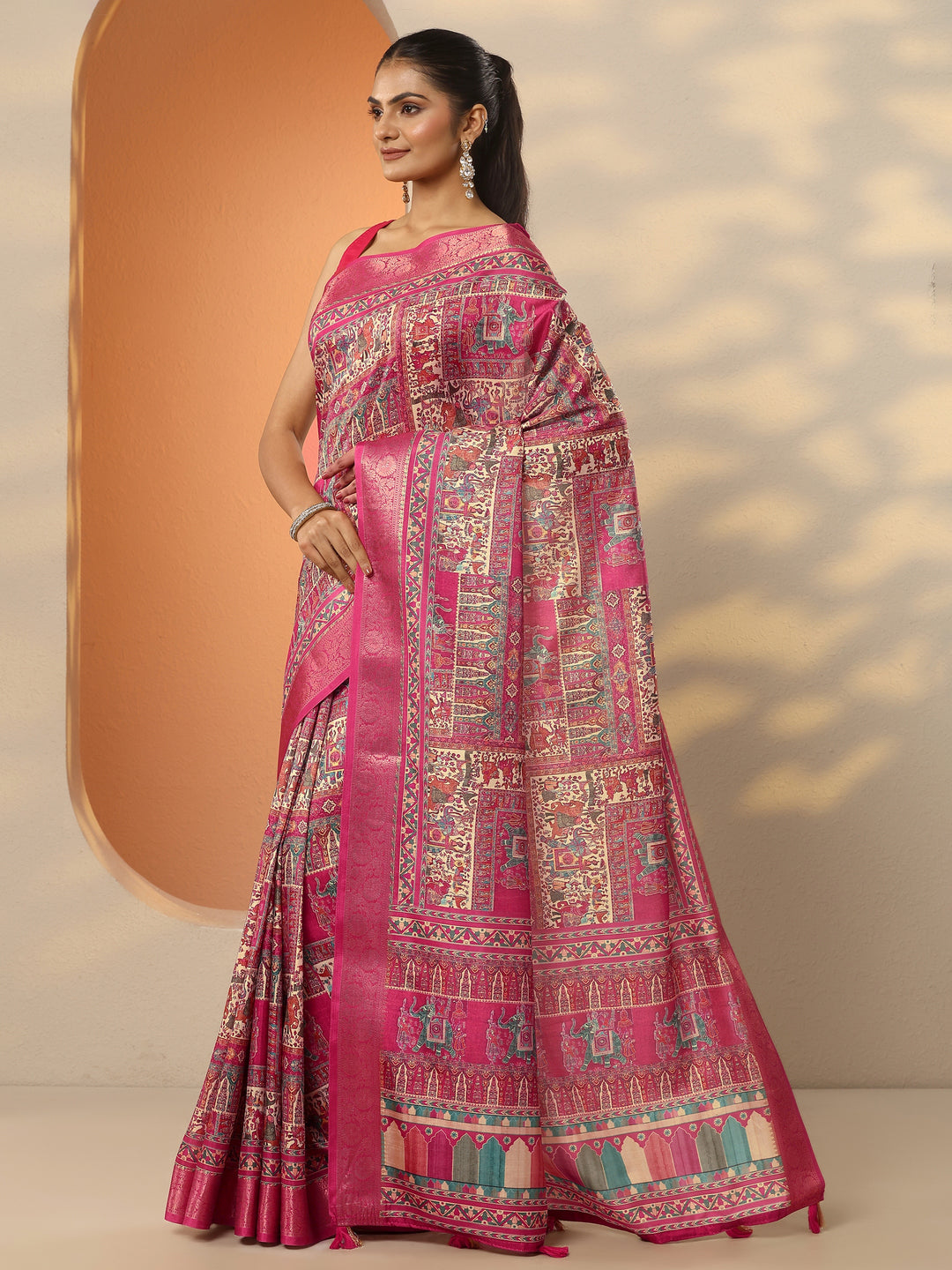  Pink Printed Silk Blend Saree With Unstitched Blouse Piece 
