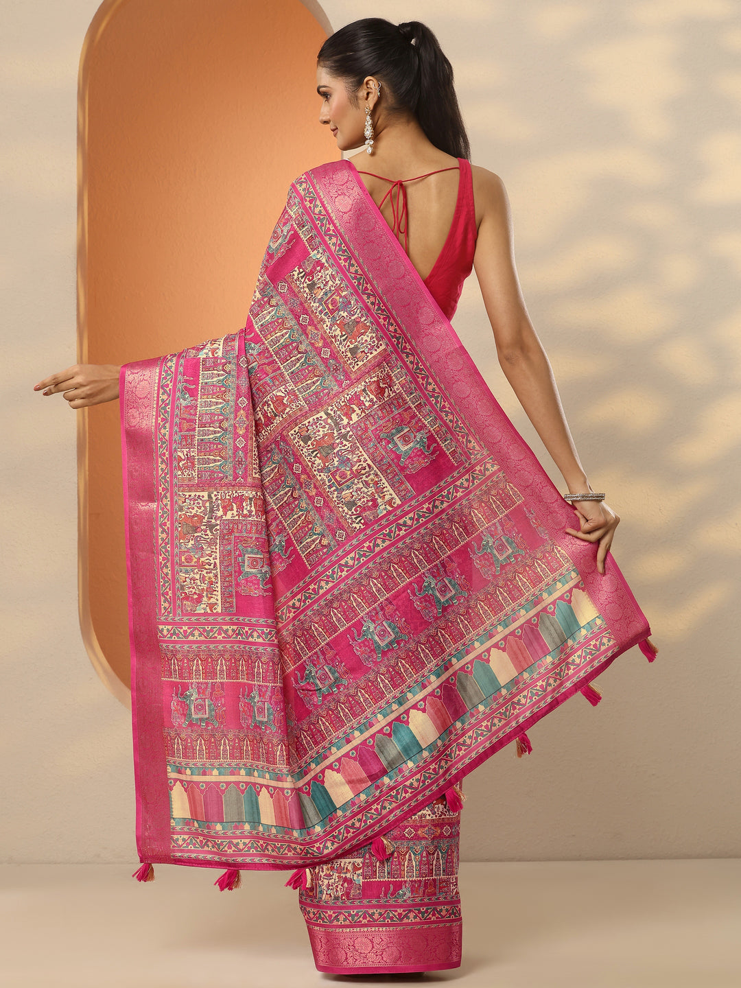  Pink Printed Silk Blend Saree With Unstitched Blouse Piece 