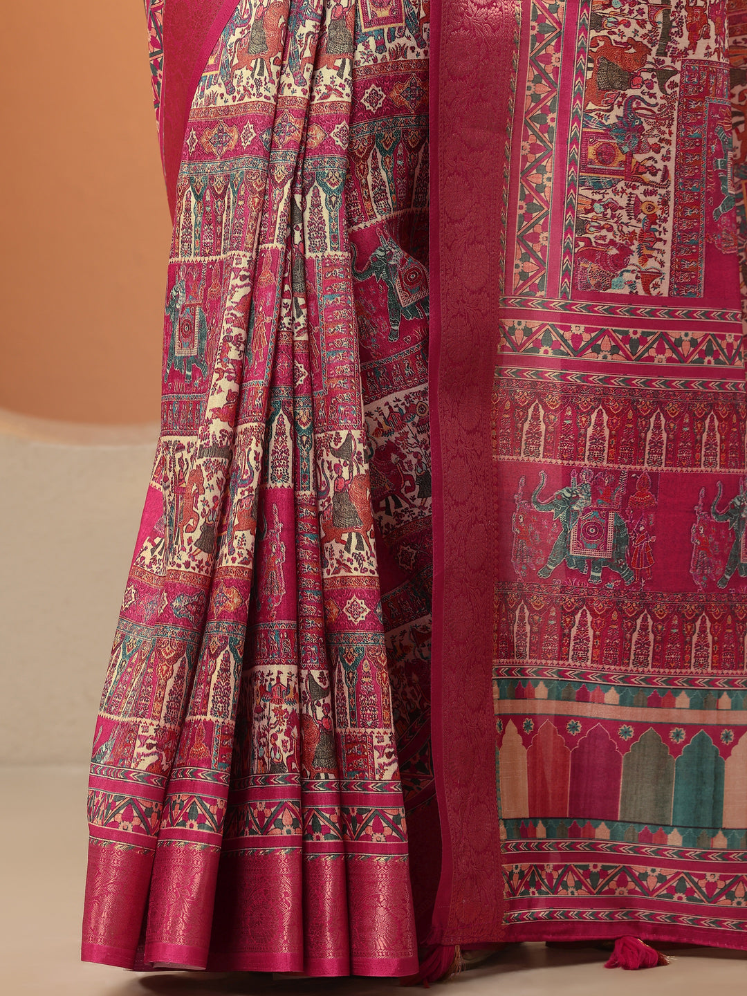  Pink Printed Silk Blend Saree With Unstitched Blouse Piece 